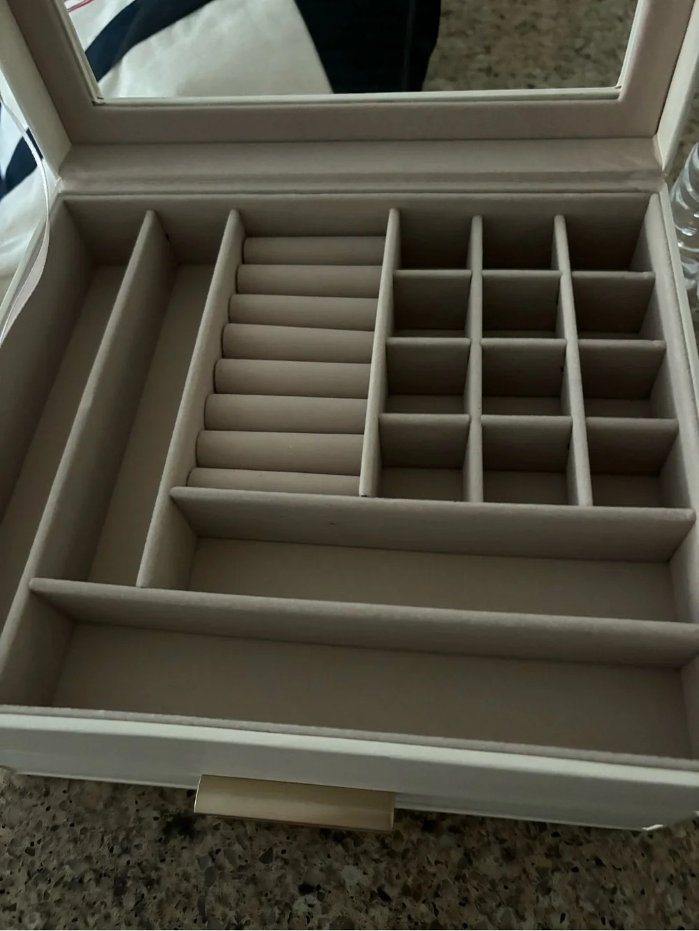White Jewelry Organizer Box with Glass Top and Gold Hardware
